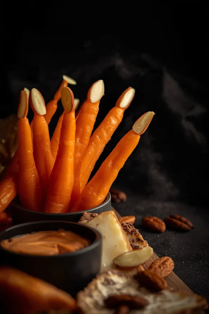  charcuterie board detail, featuring baby carrots carved into witch finger shapes with sliced almond
