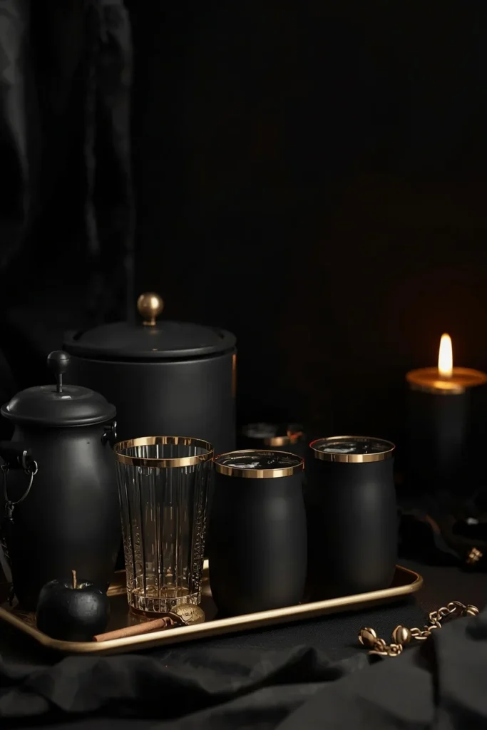 elegant gothic coffee bar shot, featuring matte black canisters, gold-rimmed glassware,