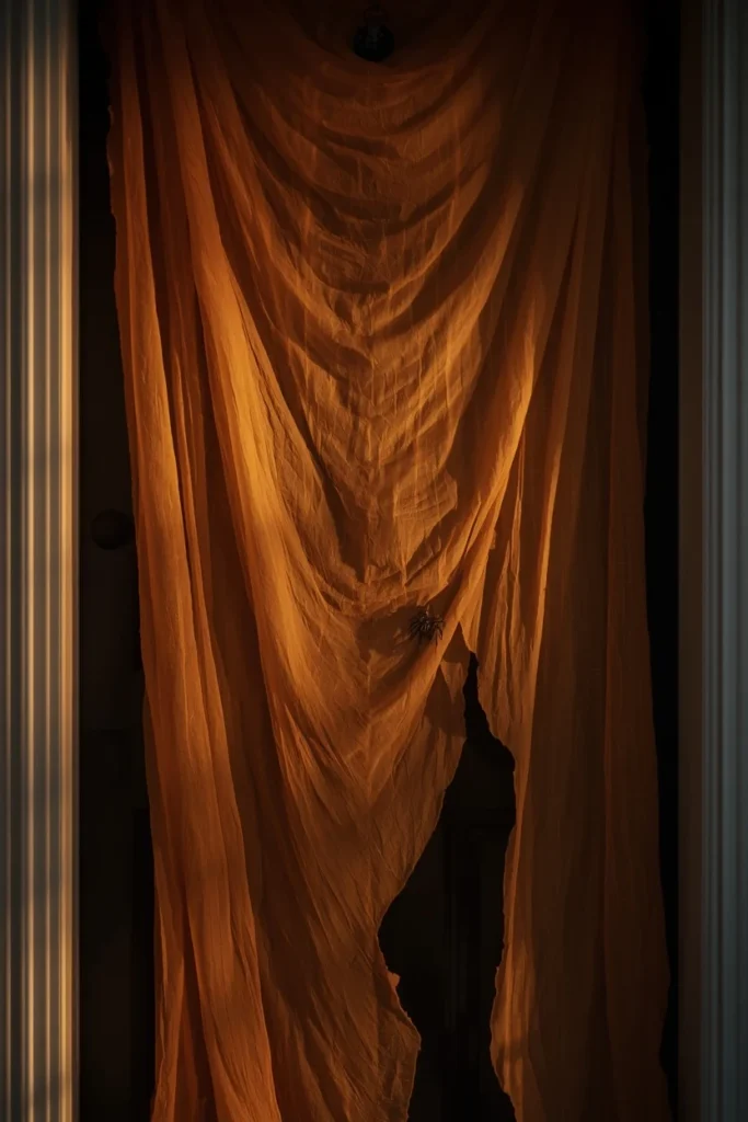  front door decorated for Halloween, featuring loosely draped tea-stained cheesecloth