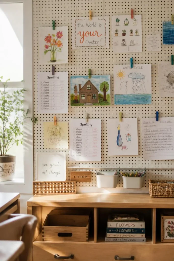 homeschool room, featuring a large pegboard wall displaying children's artwork