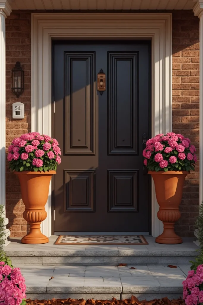 15 Pink Fall Decor Ideas for a Softer Take on Autumn 9 front entryway, featuring two tall terracotta urns filled with pink chrysanthemums flanking the front door