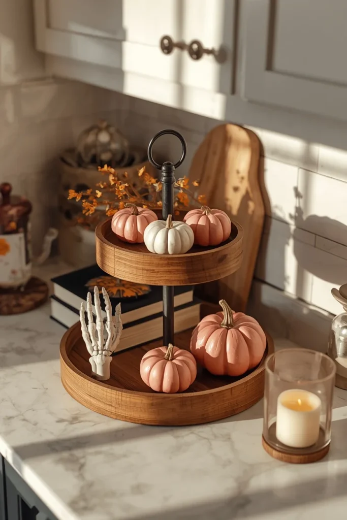 kitchen counter, featuring a two-tier wooden tray styled with mini pink pumpkins