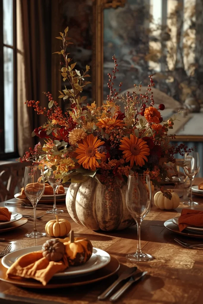 15 Pumpkin Floral Arrangement Ideas for Fall Tables That Feel Effortlessly Elegant 9 Thanksgiving dining table, featuring a large pumpkin filled with orange and burgundy chrysanthemums,