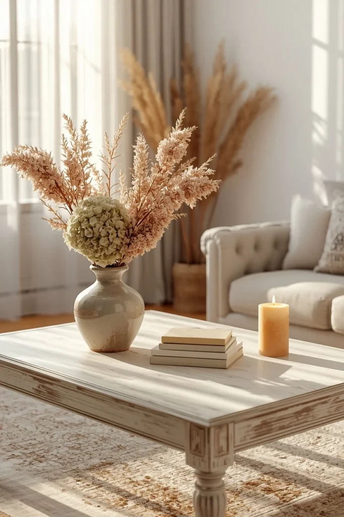 17 Rectangle Coffee Table Fall Decor Ideas That Just Work 9 living room, featuring a rectangular whitewashed wood coffee table