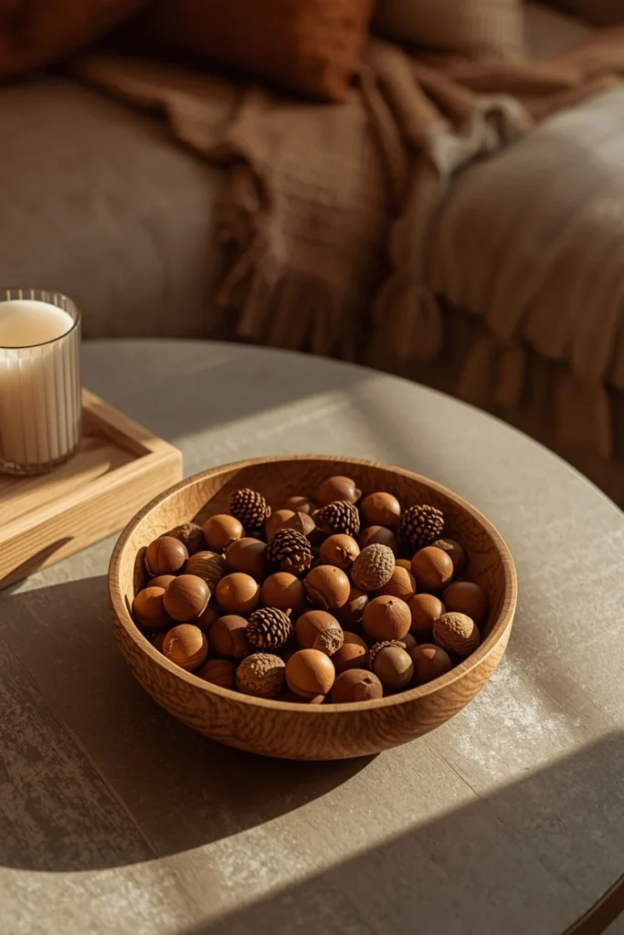  living room, featuring a shallow wooden bowl filled with acorns