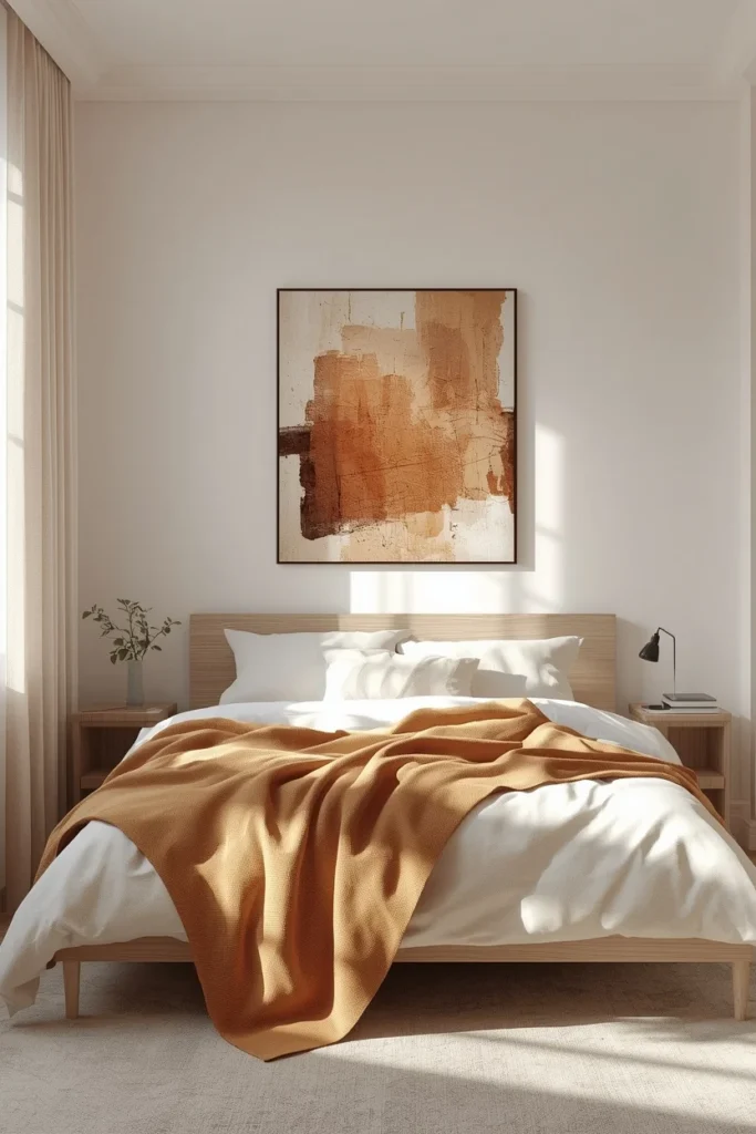  small bedroom, featuring one large-scale abstract textural artwork centered above the headboard