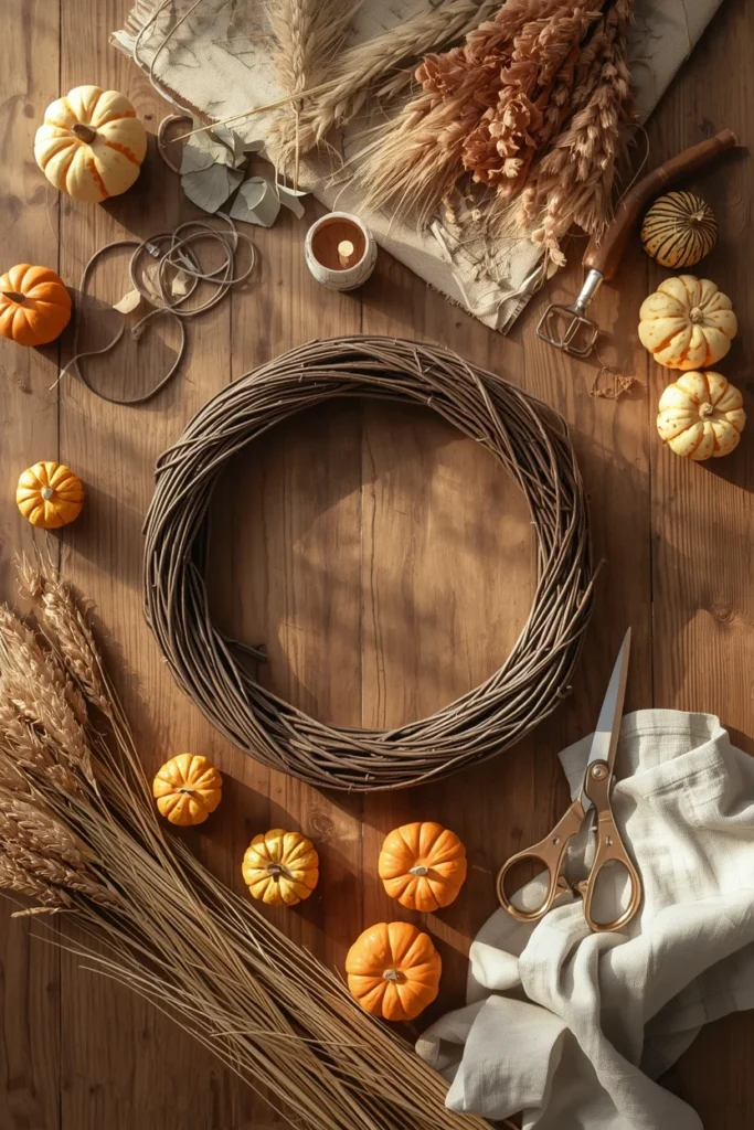 DIY wreath-making flat lay, featuring a bare grapevine wreath