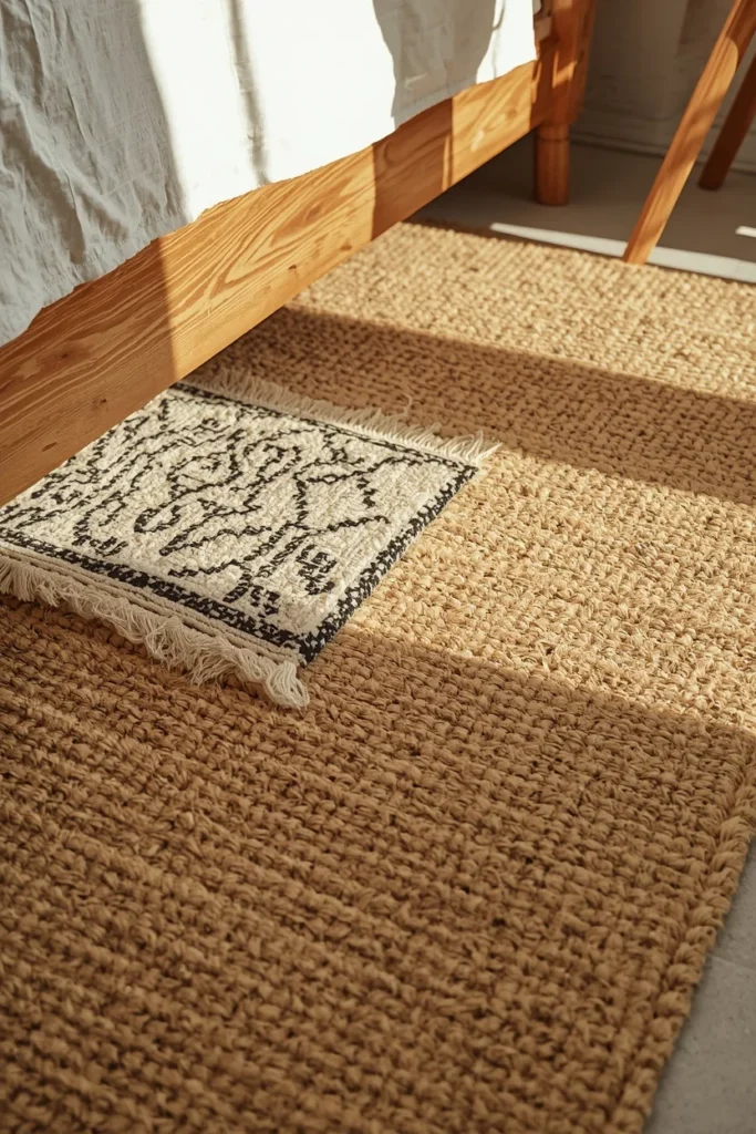 23 Afrobohemian Bedroom Ideas for Warm, Earthy, Soul-Filled Nights 10 bedroom floor detail, featuring a natural jute rug layered