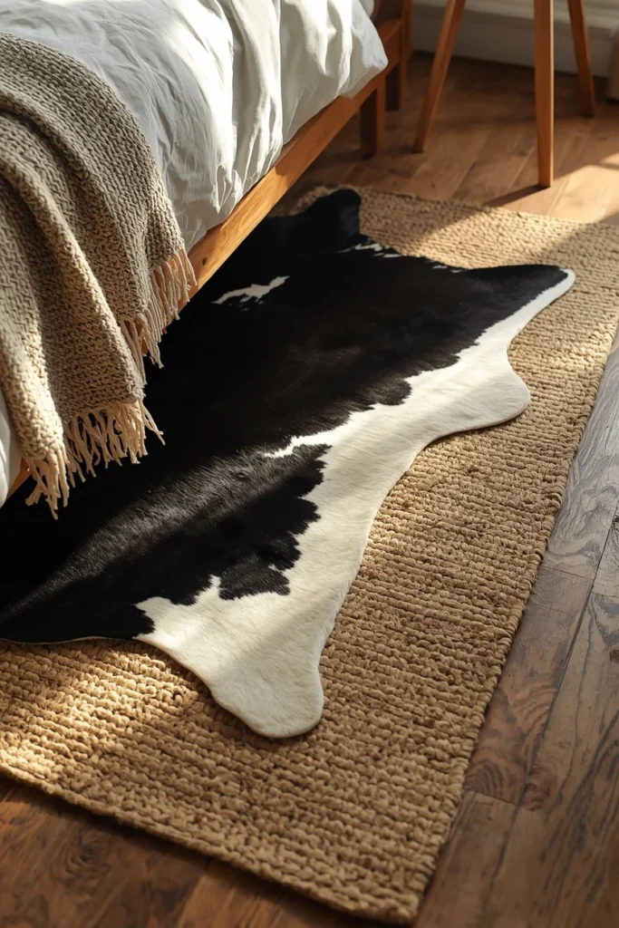 floor styling, featuring a black-and-white cowhide rug layered over a natural jute area rug