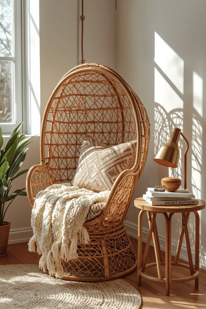 vignette, featuring a rattan peacock chair in a sunlit corner with a mudcloth-print cushion