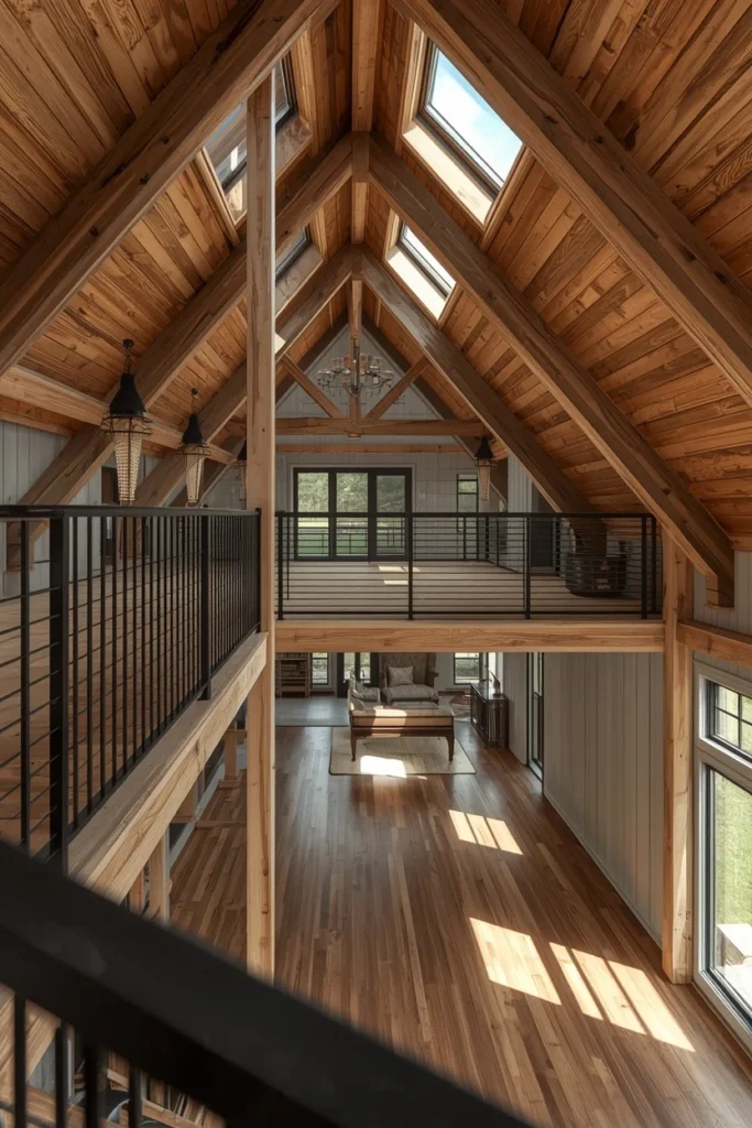 barndominium interior, featuring a mezzanine loft 