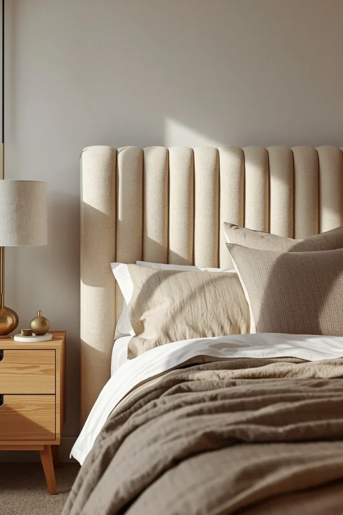 22 Beautiful Bedroom Ideas That Turn Your Room Into a Personal Sanctuary 10 bedroom, featuring a channel-tufted boucle headboard in warm cream
