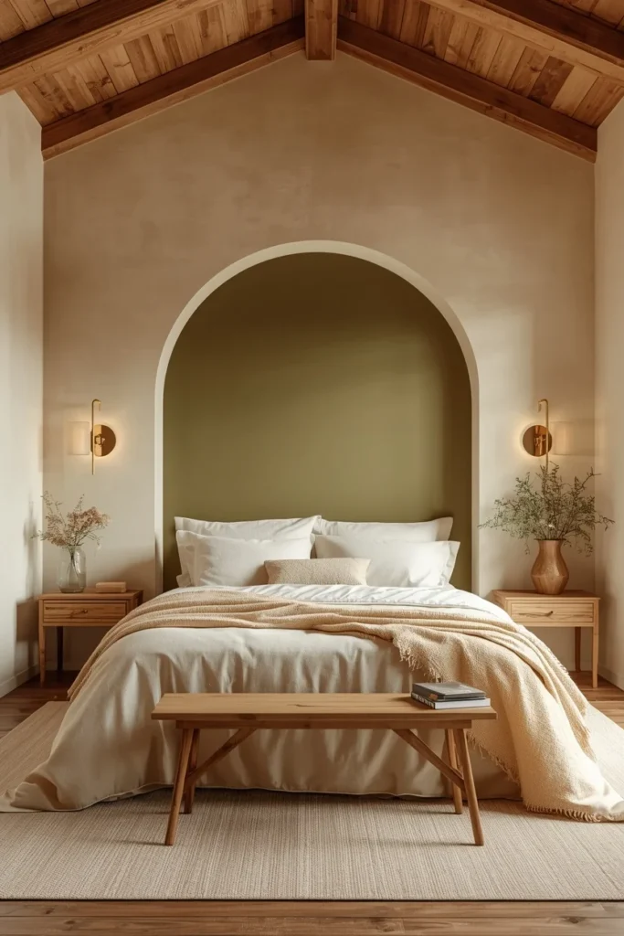 21 Bedroom Color Schemes That Make Your Room Feel Like a Boutique Hotel 10 Bedroom with architectural arched olive green accent wall behind bed