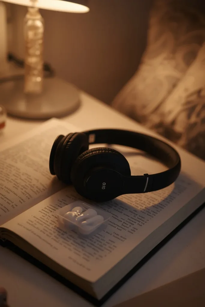 dorm room close-up, featuring noise-canceling headphones 
