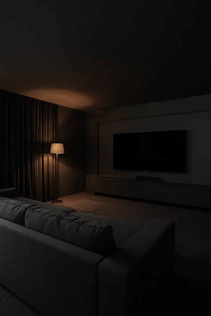  media room, featuring a deep charcoal ceiling and walls in one matte tone, large sectional sofa in dark fabric, 