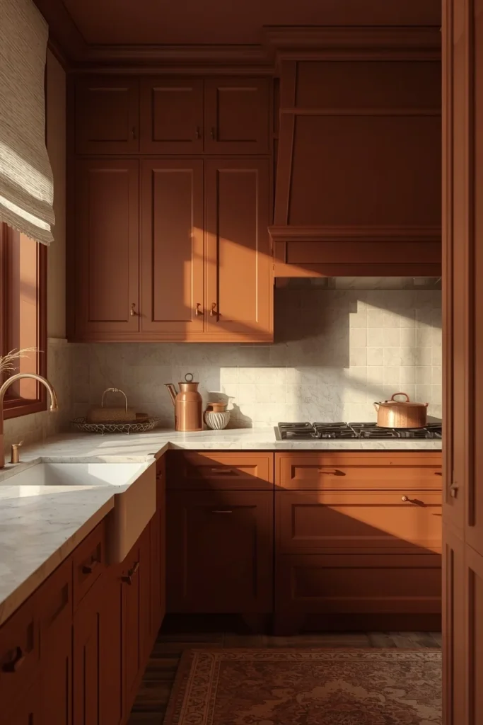 kitchen, featuring burnt sienna cabinets, walls, trim, and ceiling in matching matte finish, 