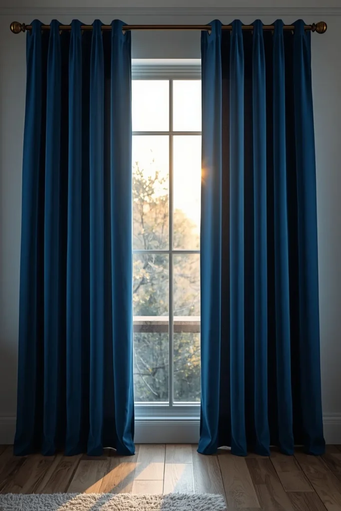  window shot, featuring deep ocean blue velvet blackout curtains hanging floor-length