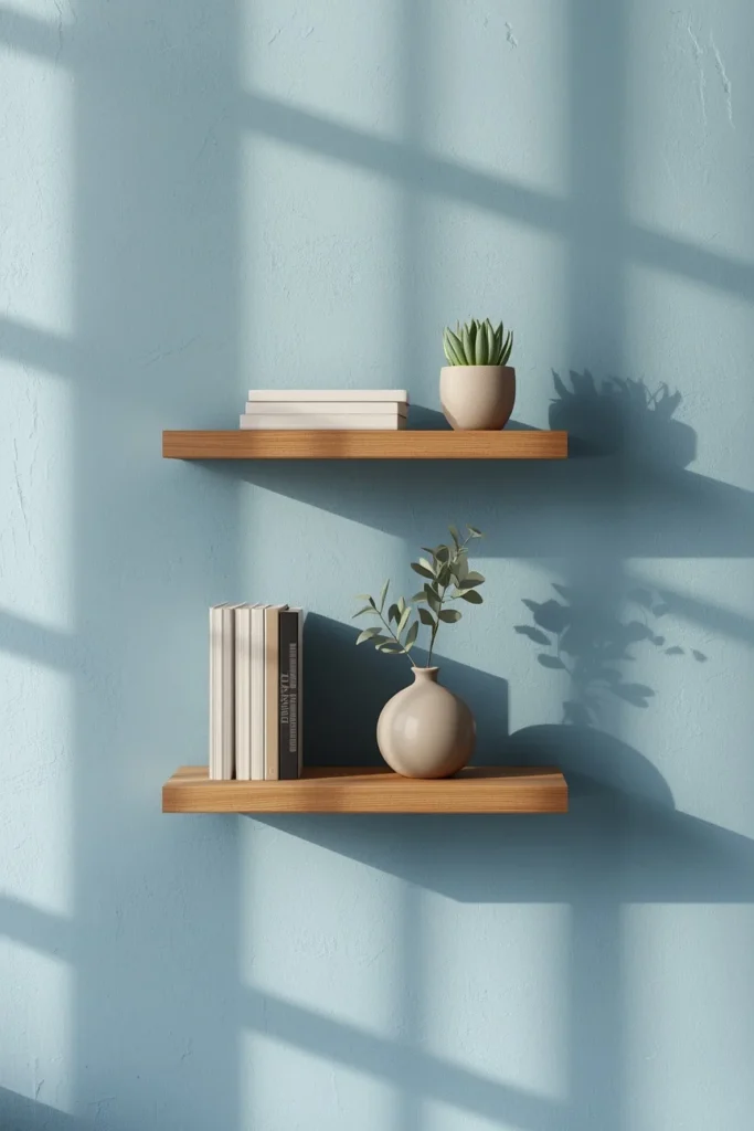 shelf styling, featuring a warm wood floating shelf holding a small stack of books, a ceramic vase,