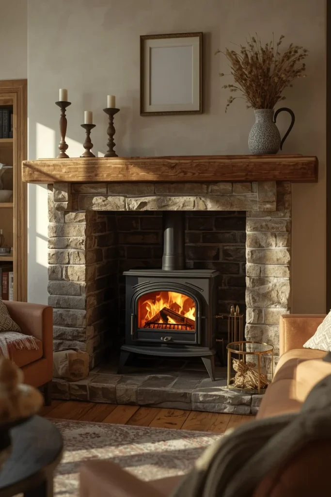 19 Cottagecore Living Room Ideas That Feel Like a Storybook Come to Life 10 cottagecore living room, featuring a cast iron wood-burning stove