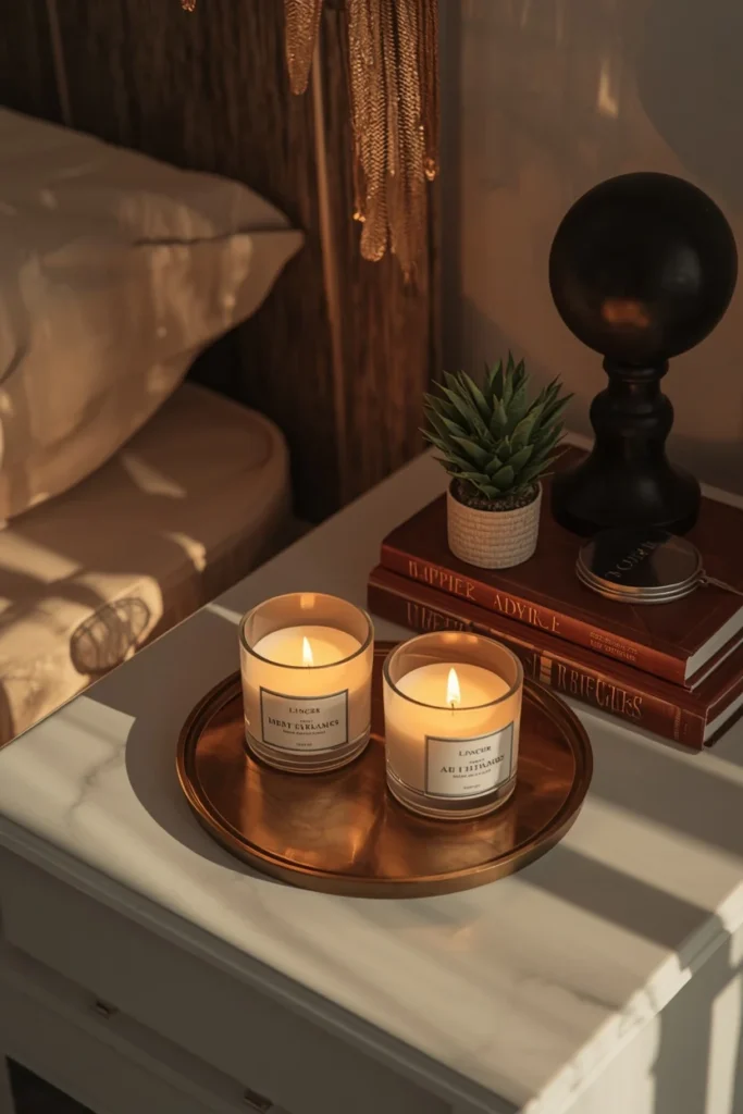 24 Cozy Bedroom Ideas That Make You Never Want to Leave Your Bed 10 bedroom nightstand close-up, featuring two lit candles on a small brass tray