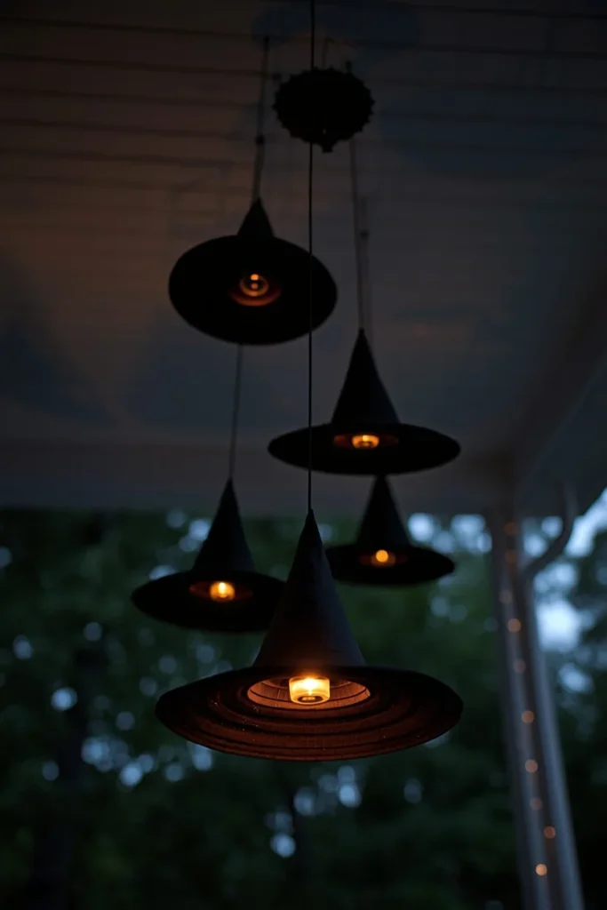  covered porch ceiling, featuring several matte black felt witch hats