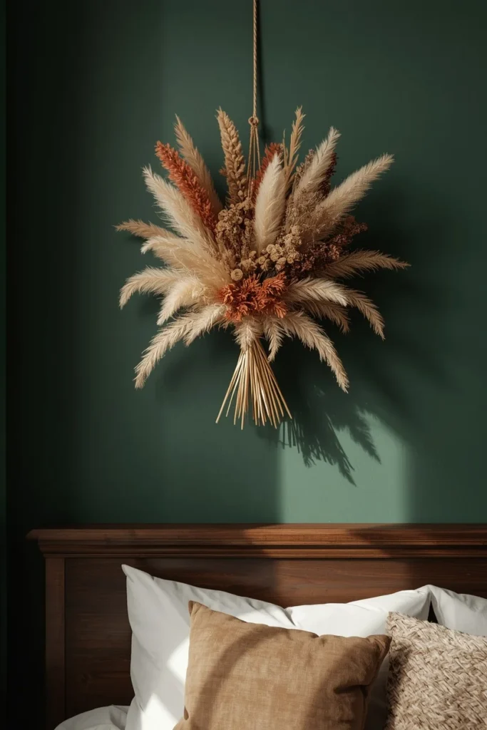 wall styling, featuring a hanging bundle of dried flowers and grasses