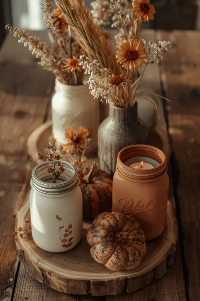 21 Fall Centerpiece Ideas That Take Minutes to Put Together (Easy + Budget-Friendly) 10 craft-style centerpiece, featuring three hand-painted mason jars in cream and terracotta