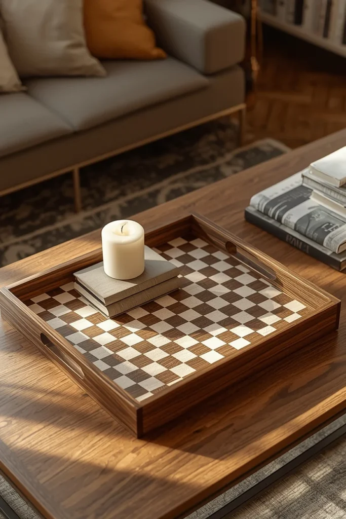 20 Fall Coffee Table Decor Ideas to Steal This Season 10 living room, featuring a dark walnut and white oak checkerboard pattern tray