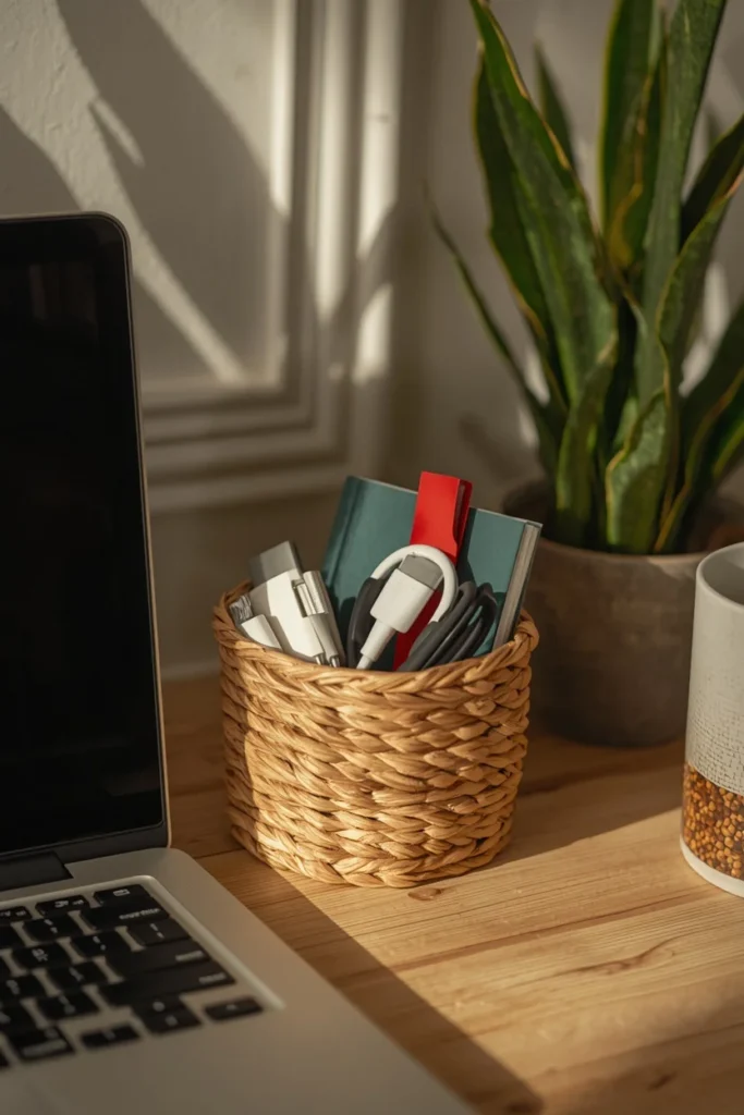 desk decor, featuring a small woven seagrass basket 