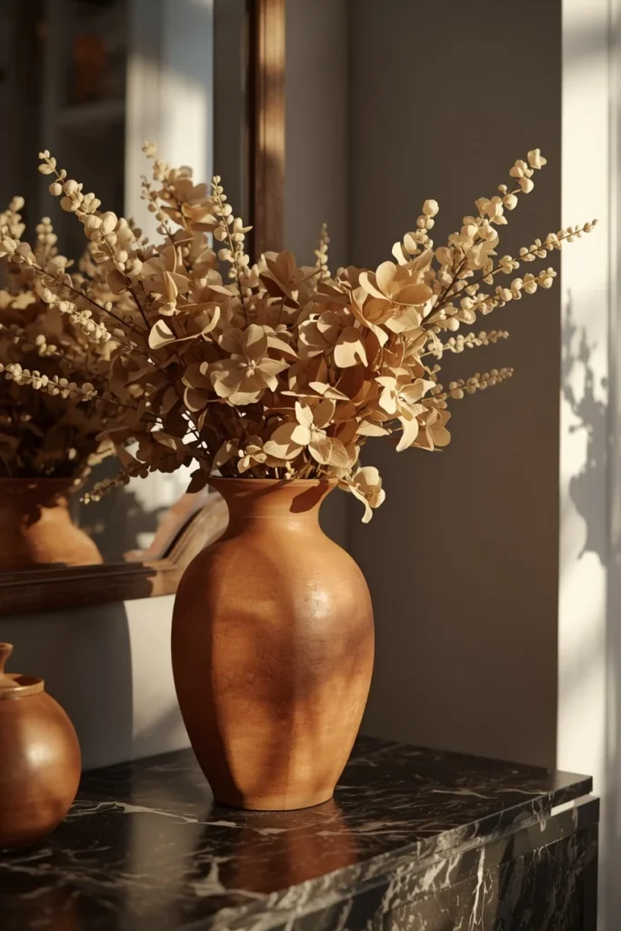 16 Fall Entry Table Decor Ideas That Wow Guests Instantly-Cozy Autumn Entryway Styling 10 entryway console table, featuring a terracotta ceramic ginger jar filled with dried muted hydrangea blooms
