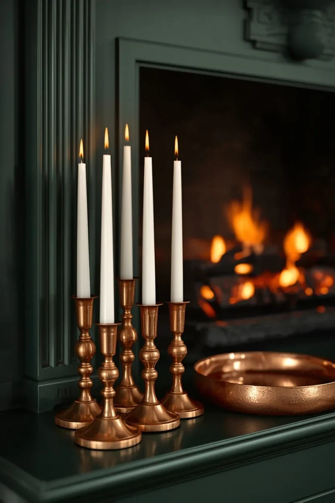  fireplace mantel styling, featuring a cluster of brass and copper candlesticks 