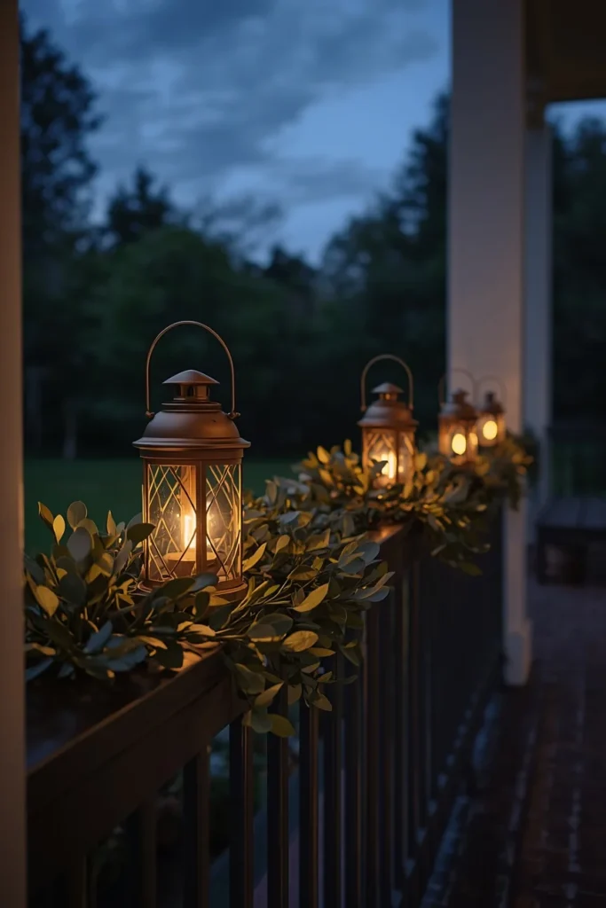  front porch railing at dusk, featuring evenly spaced bronze battery-operated lanterns
