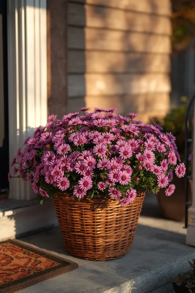 19 Fall Planter Ideas That Bring Instant Curb Appeal 10 front porch, featuring a woven basket filled with vivid purple and pink asters, warm afternoon light