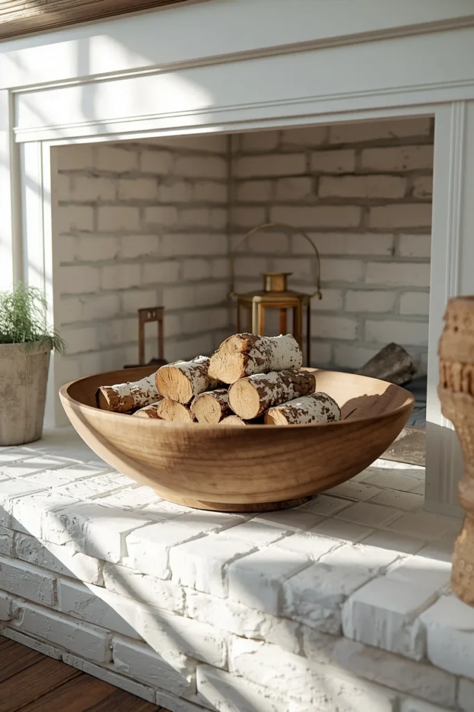 18 Fall Tree Ideas to Decorate Your Home Like a Magazine 10 fireplace hearth, featuring a wide wooden dough bowl filled with stacked birch logs