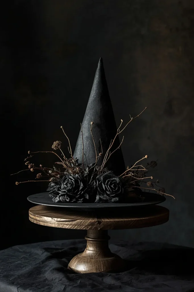  centerpiece, featuring a matte black witch hat turned upside down