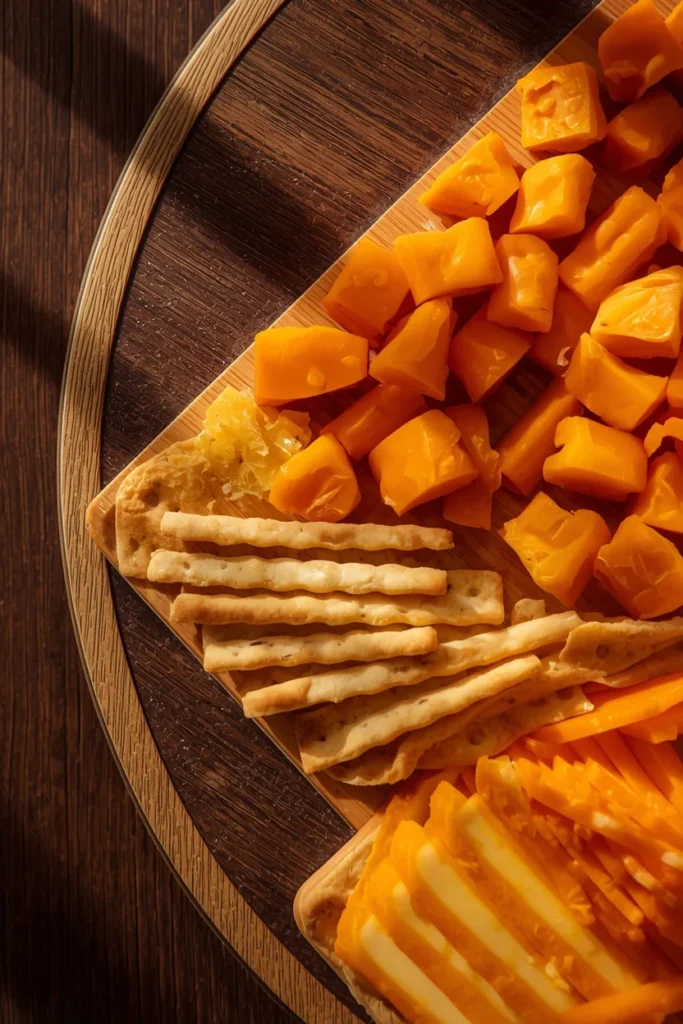  charcuterie board detail, featuring a triangular color-blocked arrangement of orange cheddar cubes, 