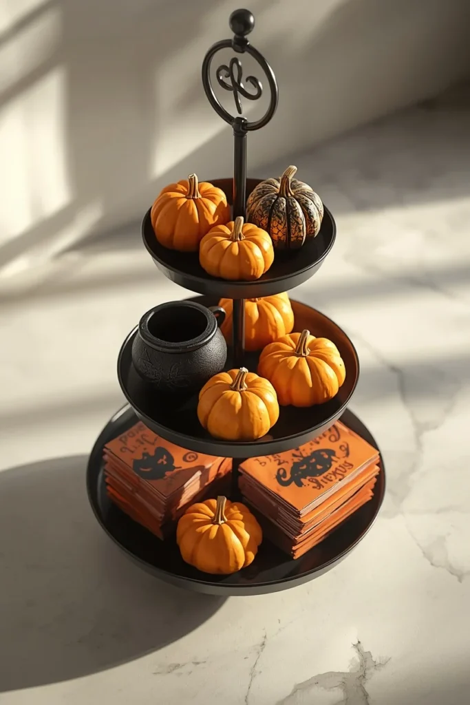 overhead-to-eye-level coffee bar shot, featuring a black three-tier stand styled with small pumpkins