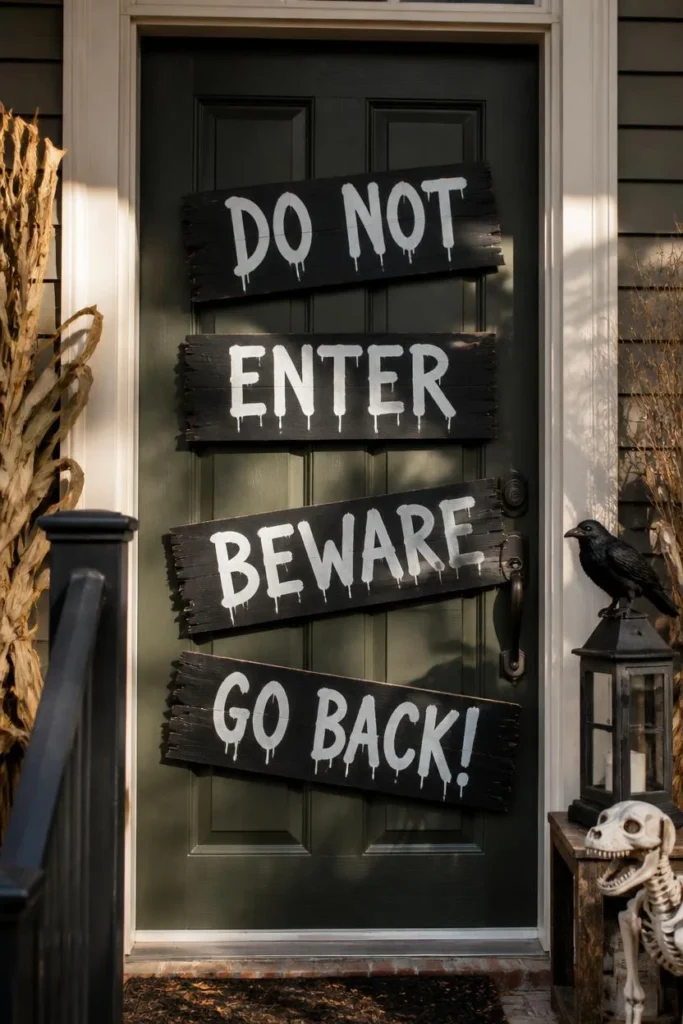 front door decorated for Halloween, featuring rough cardboard planks