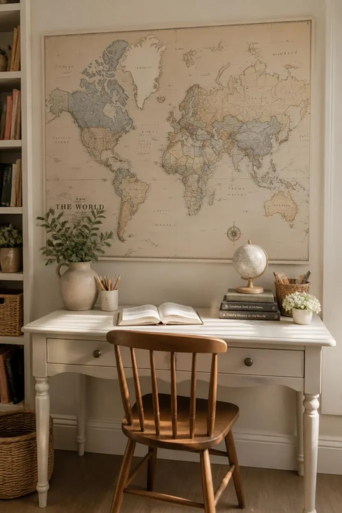 homeschool room, featuring a large muted-tone wall map positioned above a cream desk,