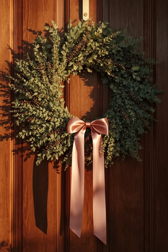 15 Pink Fall Decor Ideas for a Softer Take on Autumn 10 front door, featuring a natural green and brown wreath with a wide blush pink ribbon woven loosely