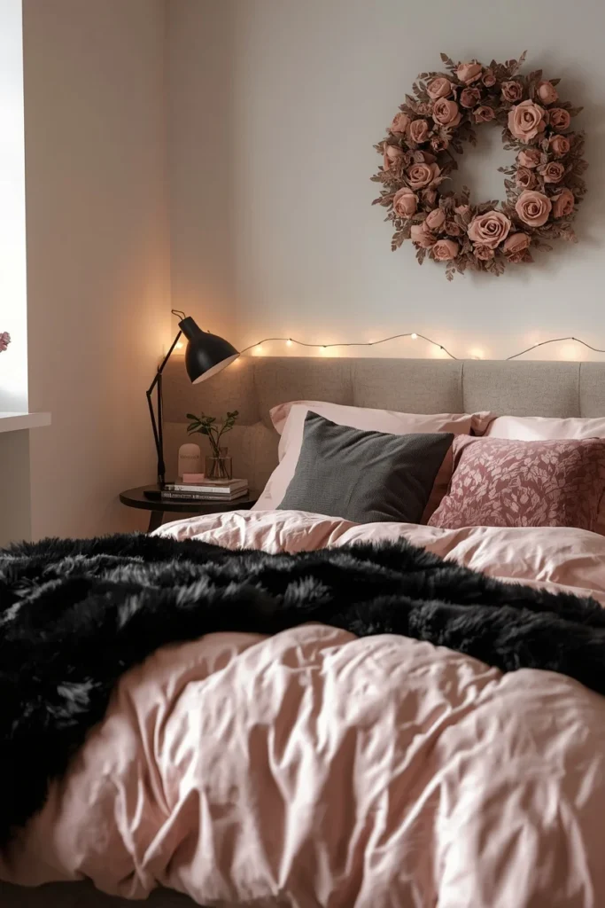  bedroom corner, featuring blush pink bedding paired with a black faux fur throw