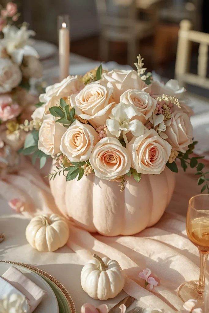 15 Pumpkin Floral Arrangement Ideas for Fall Tables That Feel Effortlessly Elegant 10 bridal shower table, featuring a pale pink pumpkin filled with peach garden roses, blush ranunculus