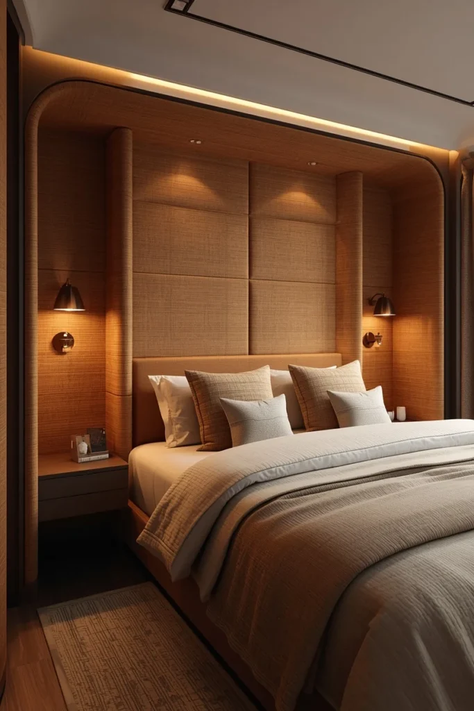  small bedroom, featuring a curved wrap-around upholstered headboard in warm bouclé fabric