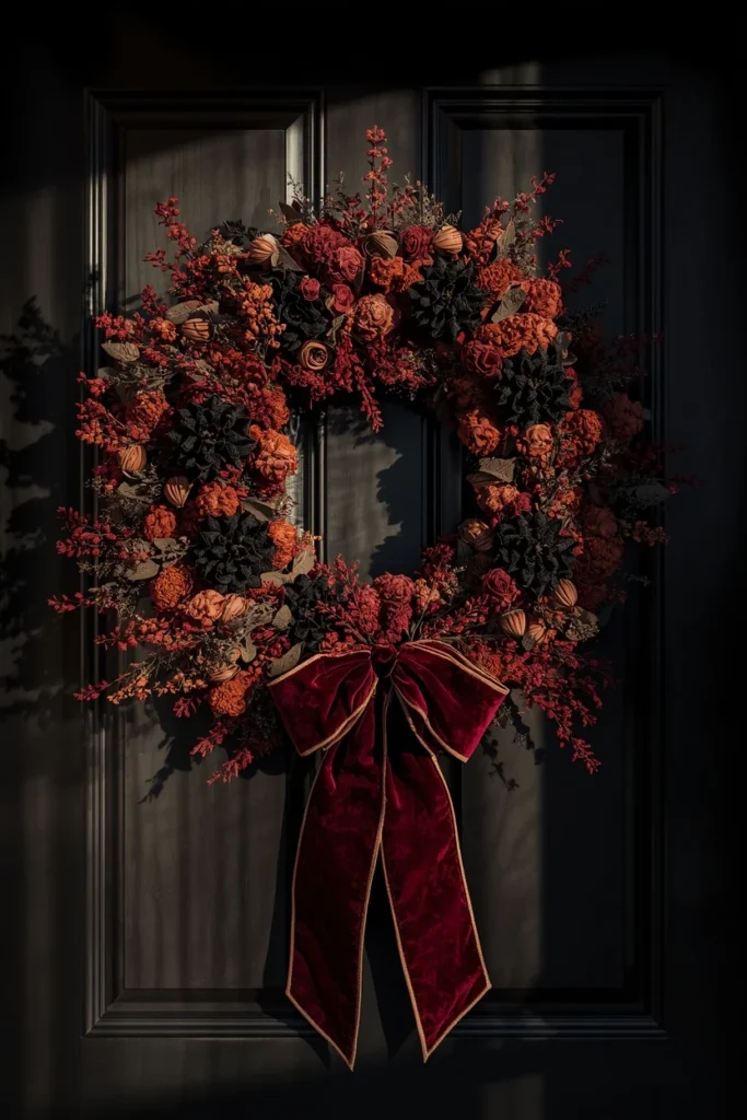  front door wreath close-up, featuring a full, dramatic wreath 