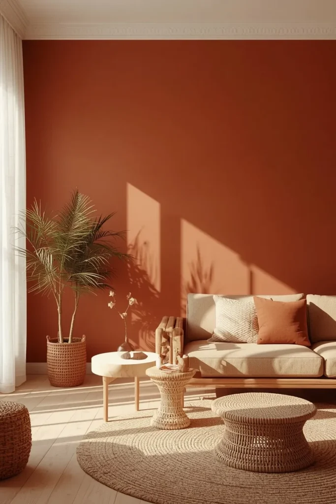 17 Afrobohemian Living Room Ideas That Feel Like a Global Getaway 2 living room, featuring walls painted in a warm terracotta tone as the room's foundational color