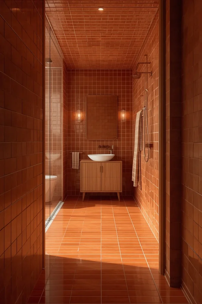 18 Bathroom Tile Ideas That Are Bold Enough to Transform Everything 2 bathroom interior, featuring deep terracotta glossy tile drenched floor-to-ceiling