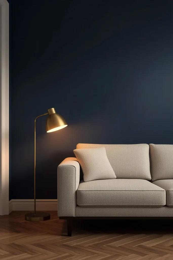 22 Cosmic Interior Design Ideas for a Starry, Galaxy-Inspired Home 2 living room shot, featuring a deep midnight blue accent wall behind a cream boucle sofa,
