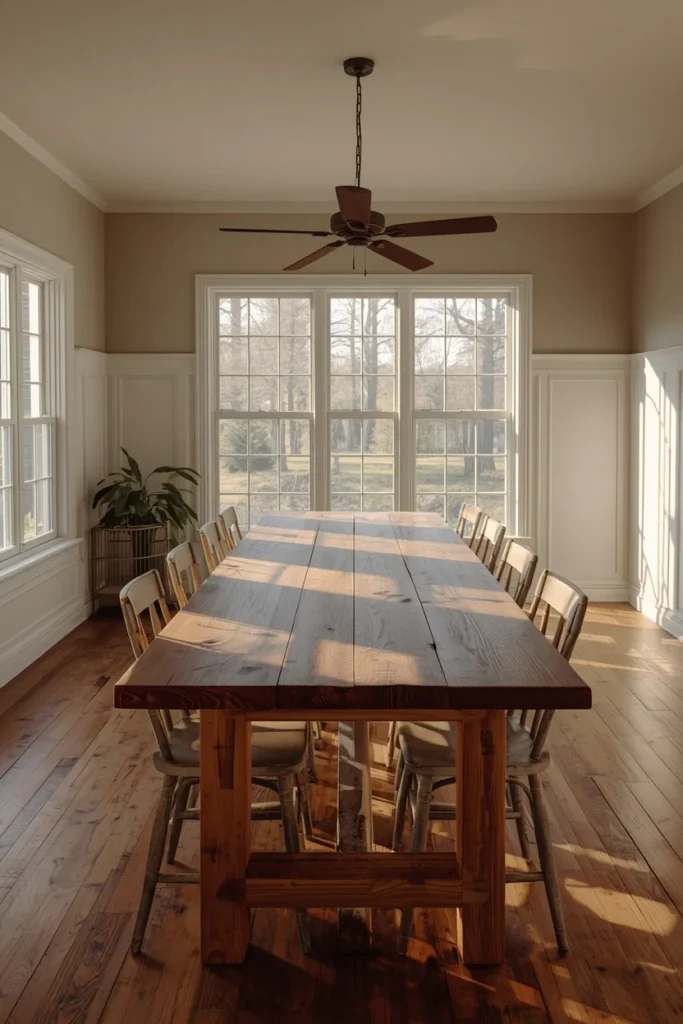 dining room, featuring a long reclaimed wood farmhouse table with visible grain
