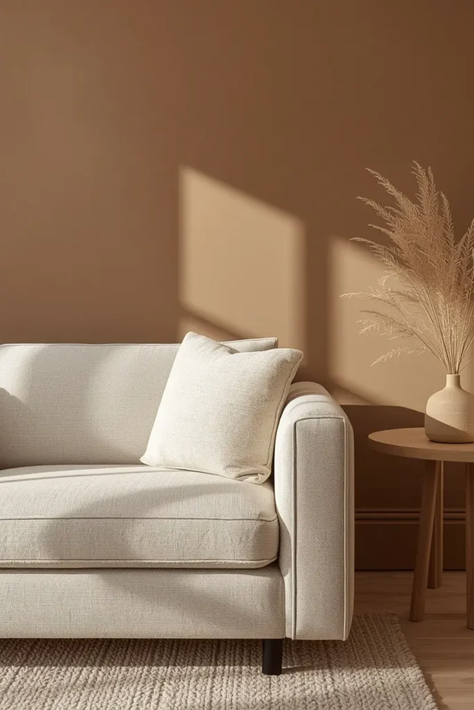 20 Cozy Warm Neutral Fall Living Room Ideas Anyone Can Recreate 2 living room close-up, featuring a cream boucle sofa and warm taupe walls