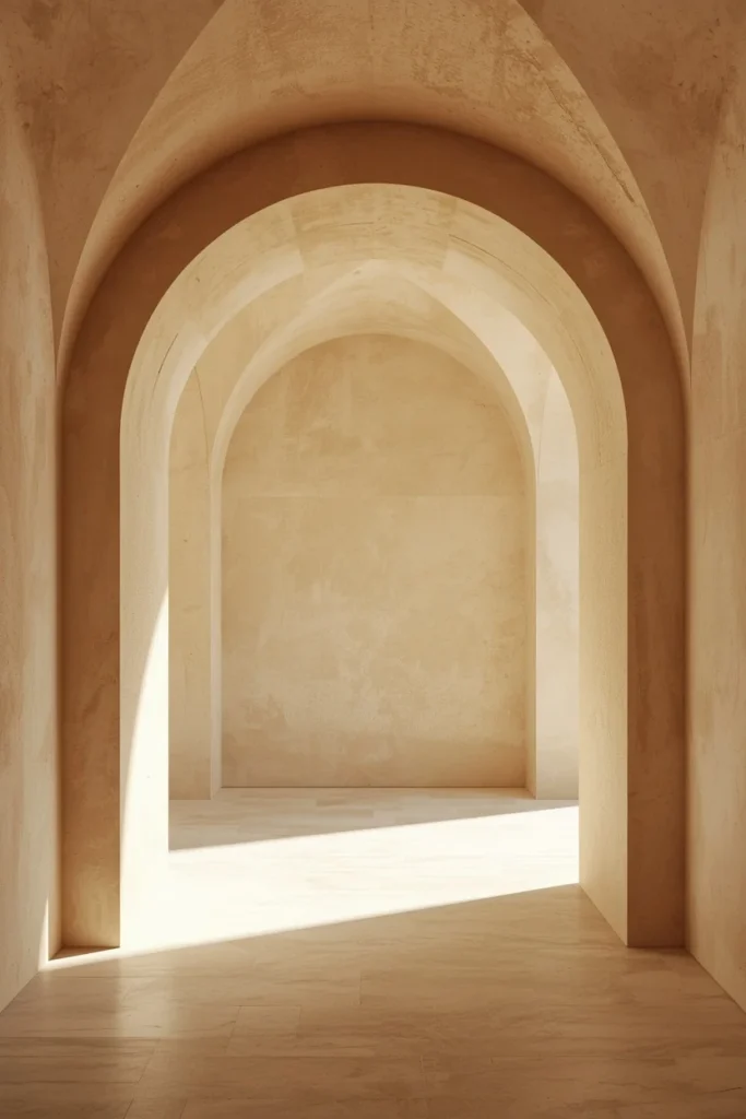 15 Curved Accent Wall Ideas to Soften a Boxy Room 2 interior architecture shot, featuring a wide-radius plastered archway doorway